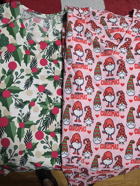 divine stretch Tops - 2 Women's Medium Christmas Themed Scrub Tops Lot Nurse Medical Nursing